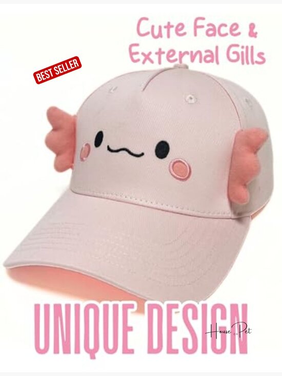Axolotl Novelty Baseball Cap with 3D Gills, Adjustable Cotton Hat for Sun